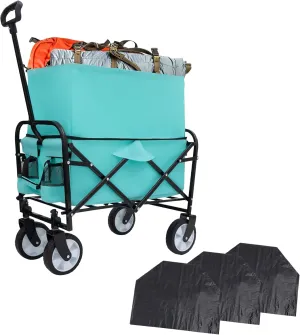 Double Decker Wagon with 2 Cup Holder, Collapsible Cart with 6'' Wheels, Grocery Shopping Utility Wagon with 3 Plastic Liner Bags, for Gardening Picnics and Beach Days(Blue)