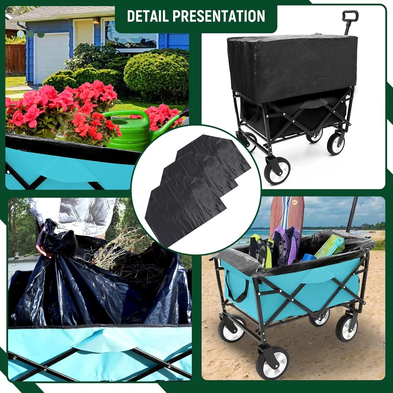 Double Decker Wagon with 2 Cup Holder, Collapsible Cart with 6'' Wheels, Grocery Shopping Utility Wagon with 3 Plastic Liner Bags, for Gardening Picnics and Beach Days(Blue)