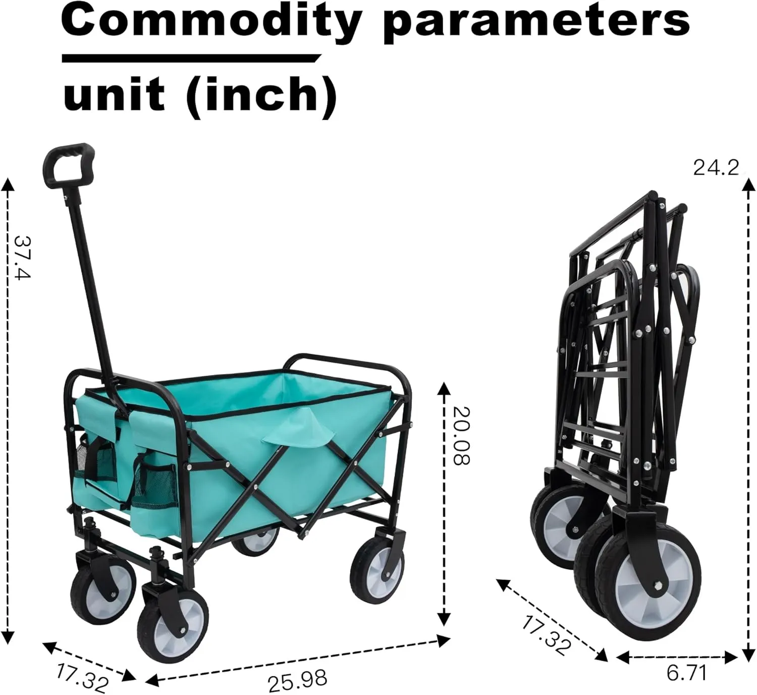 Double Decker Wagon with 2 Cup Holder, Collapsible Cart with 6'' Wheels, Grocery Shopping Utility Wagon with 3 Plastic Liner Bags, for Gardening Picnics and Beach Days(Blue)