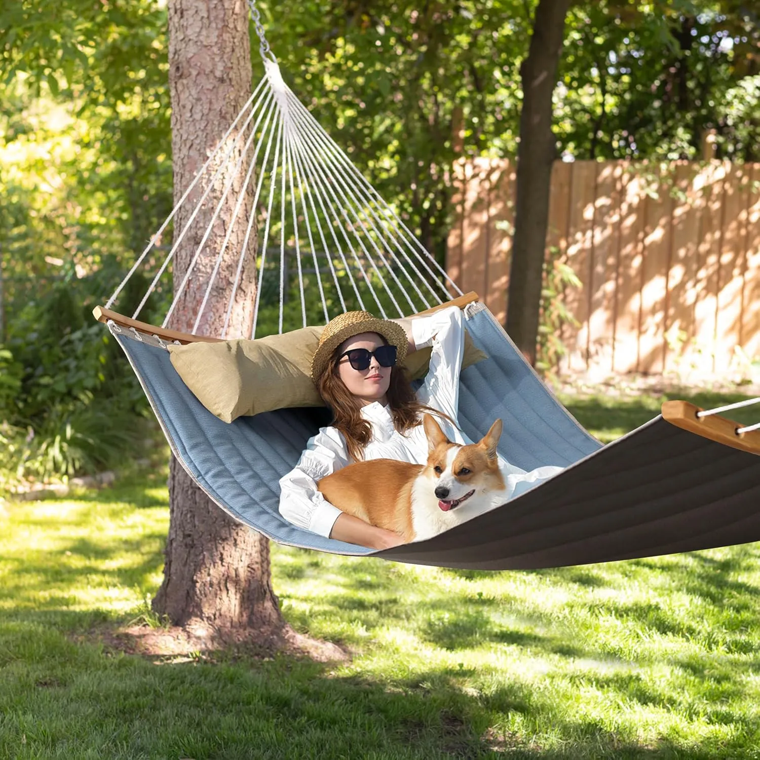 Double Hammock, 11 FT Quilted Fabric 2 Person Hammock for Outside with Pillow, Folding Curved Spreader Bar, Chains, Carrying Bag, Indoor Outdoor, 450 IB Capacity, JeansBlue