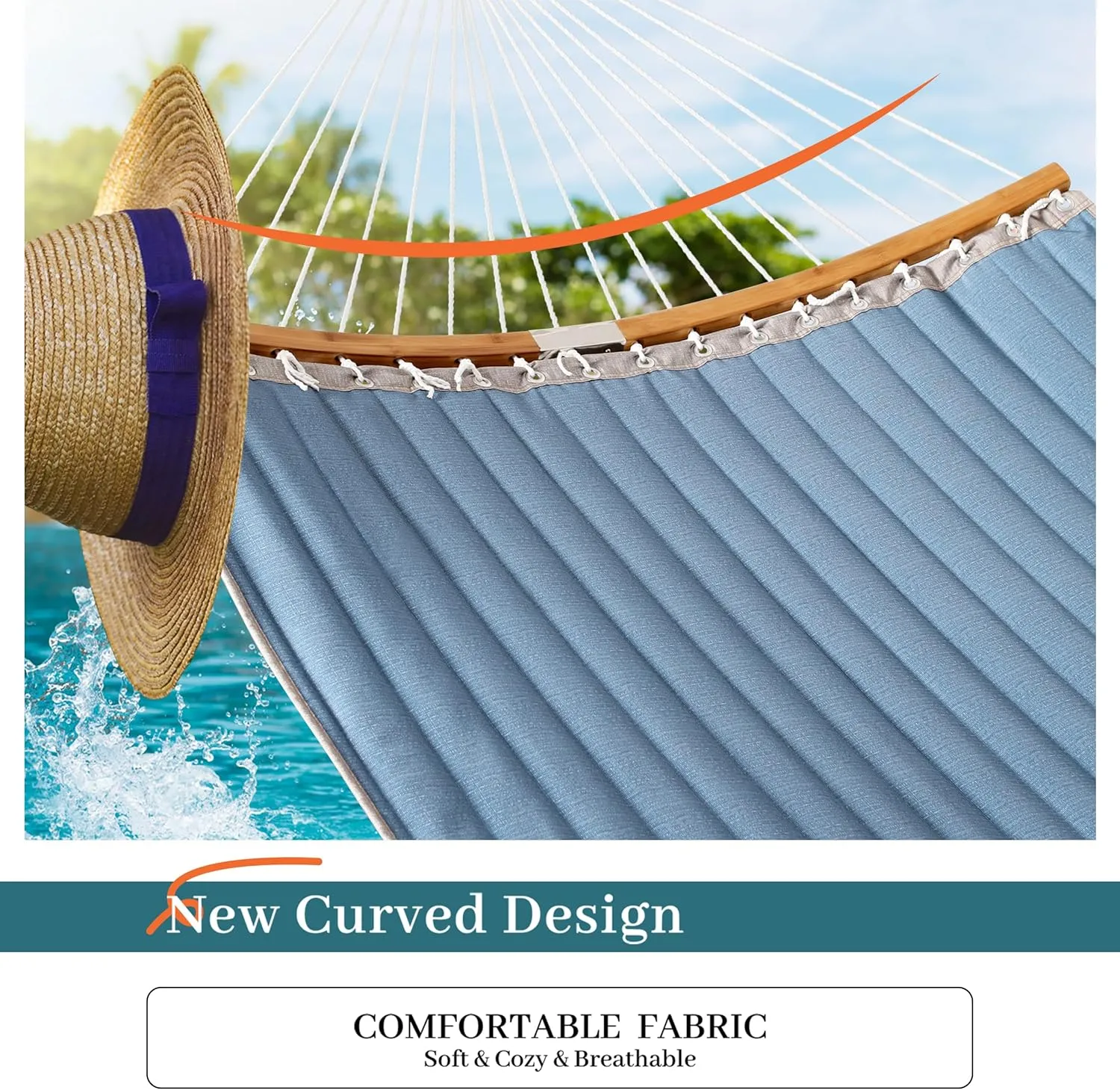 Double Hammock, 11 FT Quilted Fabric 2 Person Hammock for Outside with Pillow, Folding Curved Spreader Bar, Chains, Carrying Bag, Indoor Outdoor, 450 IB Capacity, JeansBlue