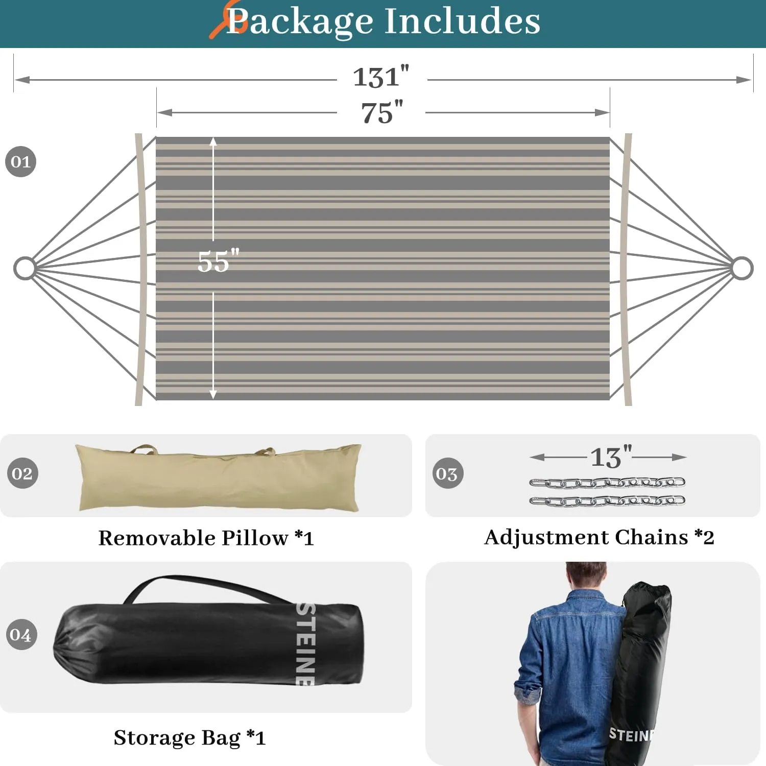 Double Hammock, 11 FT Quilted Fabric 2 Person Hammock for Outside with Pillow, Folding Curved Spreader Bar, Chains, Carrying Bag, Indoor Outdoor, 450 IB Capacity, JeansBlue