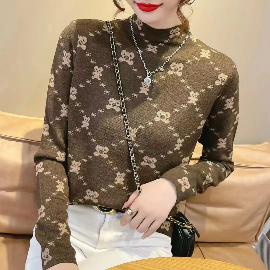 Dralon Turtleneck Tops for Women Autumn Winter Thickened Thermal Underwear Inner Warm Printed Long-Sleeved Shirt