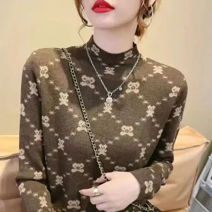 Dralon Turtleneck Tops for Women Autumn Winter Thickened Thermal Underwear Inner Warm Printed Long-Sleeved Shirt