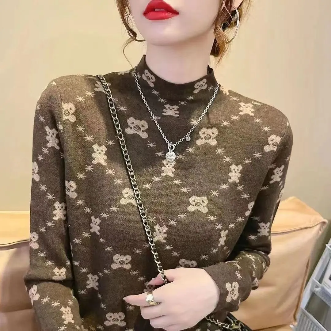 Dralon Turtleneck Tops for Women Autumn Winter Thickened Thermal Underwear Inner Warm Printed Long-Sleeved Shirt