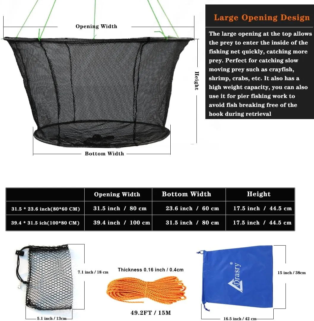 Drasry Foldable Fishing Net, Landing Fishing Pier Nets Drop Net for Crayfish Crab Bait Minnow Shrimp Crawdad Lobsters Portable Bridge Fishing Net with Rope