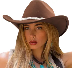 DRESHOW Glitter Cowboy Hat Classic Western Rhinestone Cowgirl Hat Outdoor Wide Brim Retro Felt Fedora Hats Rolled up Caps