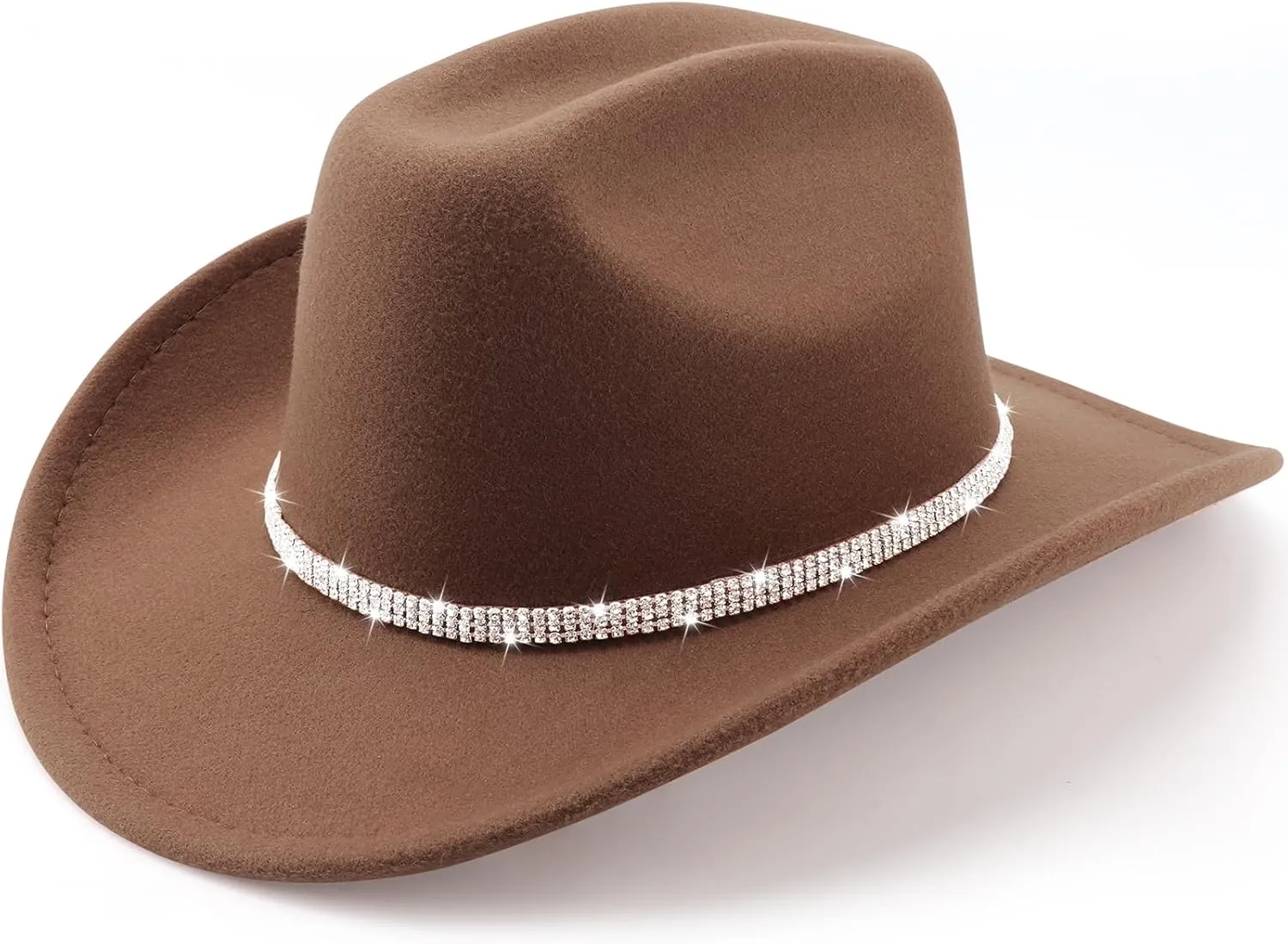 DRESHOW Glitter Cowboy Hat Classic Western Rhinestone Cowgirl Hat Outdoor Wide Brim Retro Felt Fedora Hats Rolled up Caps