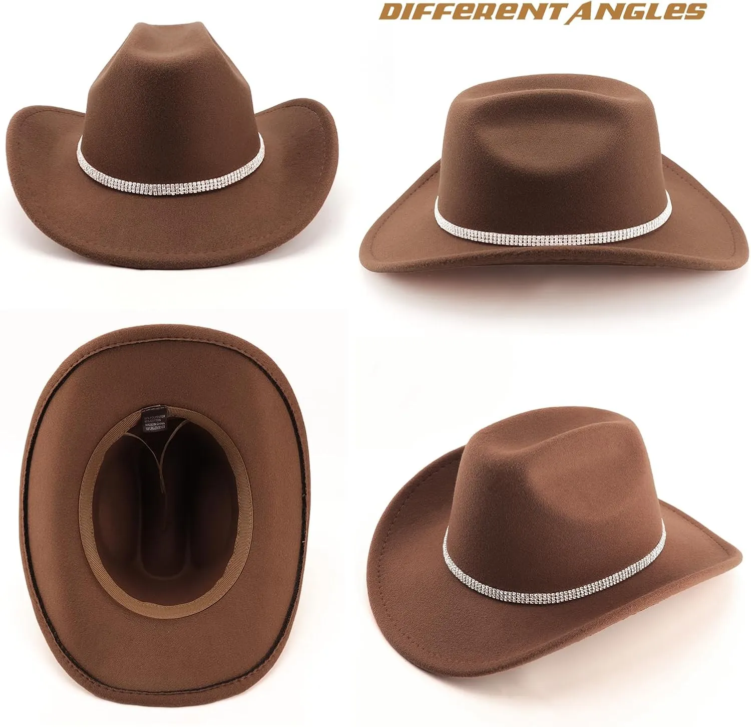 DRESHOW Glitter Cowboy Hat Classic Western Rhinestone Cowgirl Hat Outdoor Wide Brim Retro Felt Fedora Hats Rolled up Caps