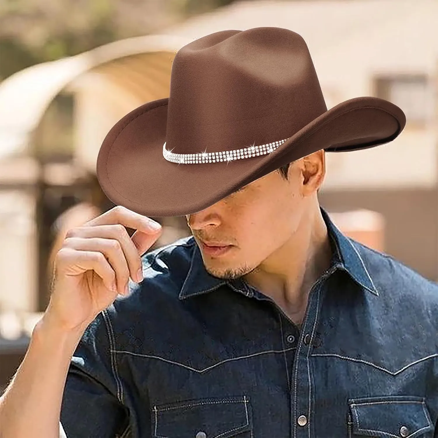 DRESHOW Glitter Cowboy Hat Classic Western Rhinestone Cowgirl Hat Outdoor Wide Brim Retro Felt Fedora Hats Rolled up Caps