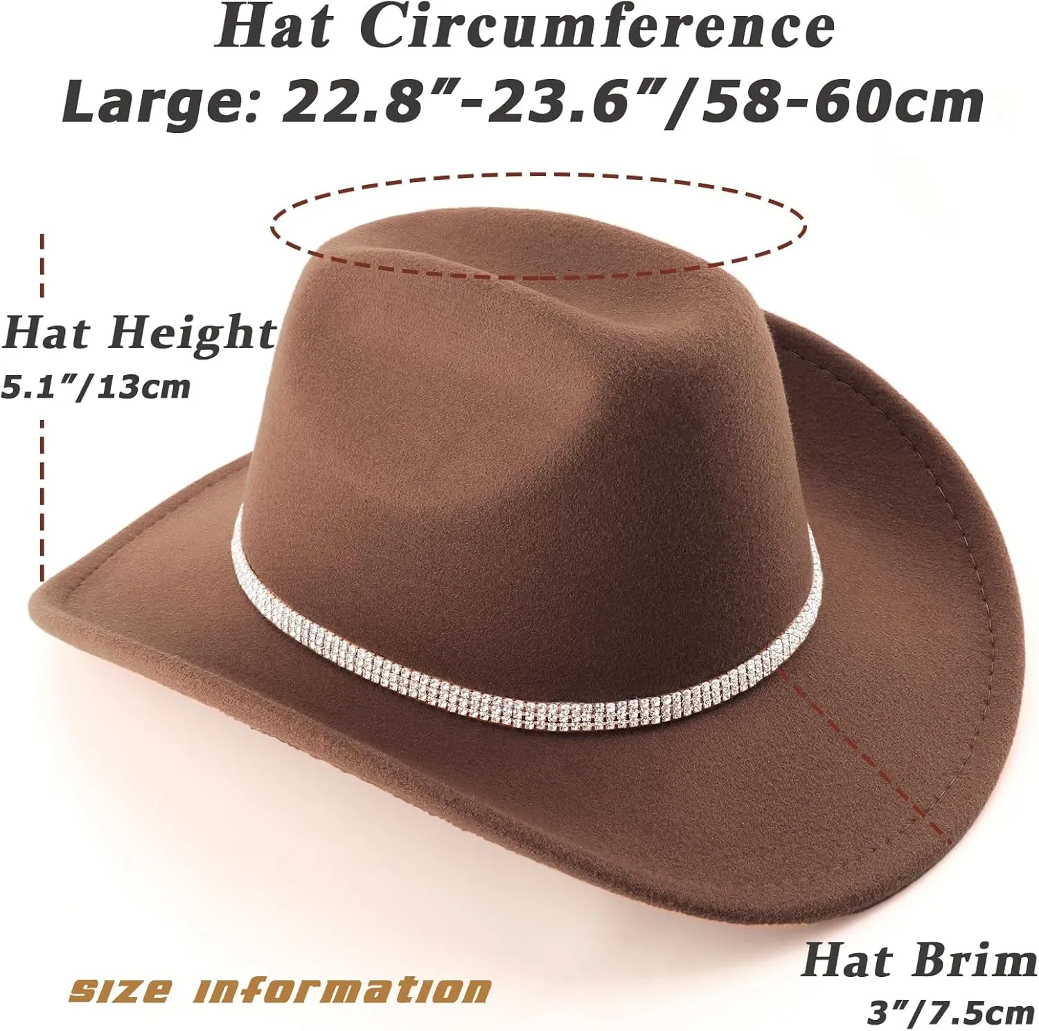 DRESHOW Glitter Cowboy Hat Classic Western Rhinestone Cowgirl Hat Outdoor Wide Brim Retro Felt Fedora Hats Rolled up Caps