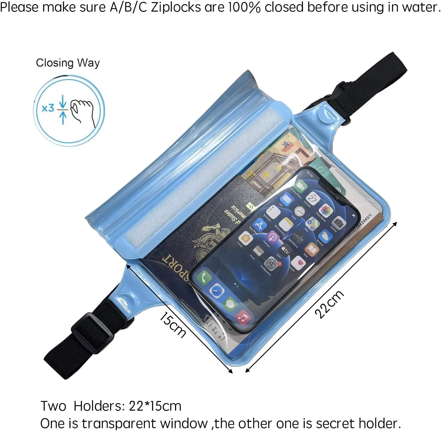 DRLOKPAK Waterproof Waist Bag & Pouch - Fanny Pack Bum Bag with Secret Holder Keeps Your Phone Kindle Wallet Watch & Valuables Dry - Perfect for Surf Canoe Swim Snorkel Dive Beach Pool(Blue)