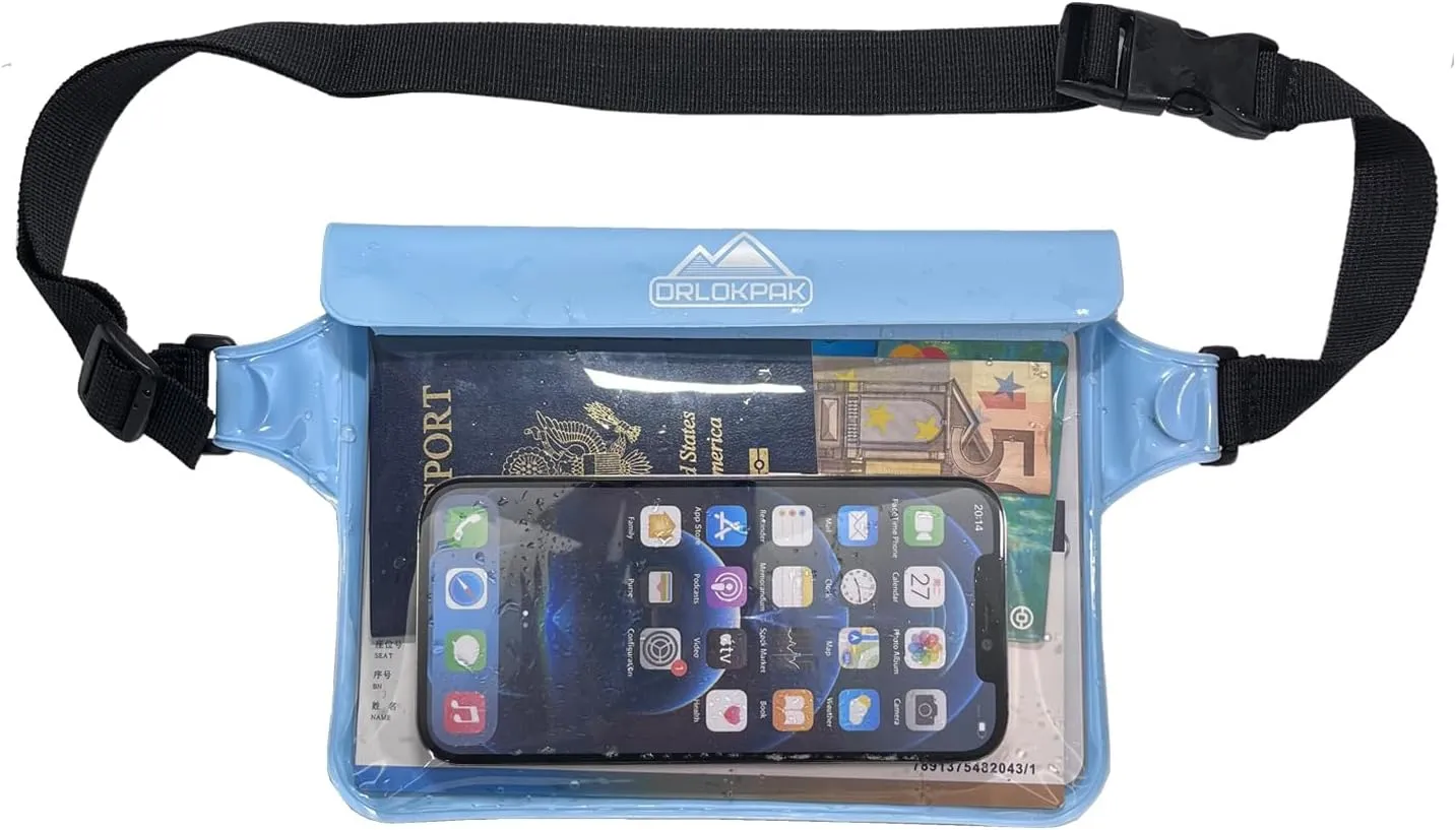DRLOKPAK Waterproof Waist Bag & Pouch - Fanny Pack Bum Bag with Secret Holder Keeps Your Phone Kindle Wallet Watch & Valuables Dry - Perfect for Surf Canoe Swim Snorkel Dive Beach Pool(Blue)