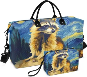 Duffel Bag for Traveling, Cute Raccoon Starry Travel Bag Gym Bag, with Multiple Interior Pockets Shoulder Weekender Bag for Women Men with Toiletry Bag 20.5L x 1.9W x 13.8H