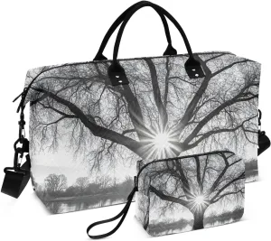 Duffel Bag for Traveling, Tree Sunrise Black White Gym Bags with Multiple Interior Pockets for Women Men Toiletry Purse Included 20.5”x 1.9” x 13.8”