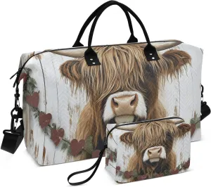 Duffel Bag for Traveling, Vintage Highland Cow Board Gym Bags with Multiple Interior Pockets for Women Men Toiletry Purse Included 20.5”x 1.9” x 13.8”