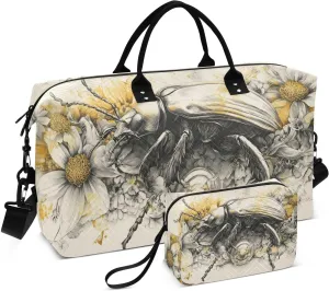 Duffle Bag Beetle Floral for Travel, Gym Bag with Multiple Interior Pockets for Men Women Overnight Purse Included 20.5 x 1.9 x 13.8 In
