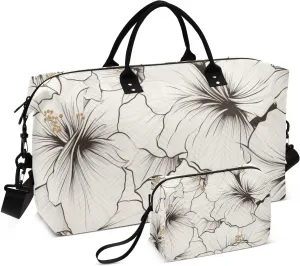 Duffle Bag Black White Flower for Travel, Gym Bag with Multiple Interior Pockets for Men Women Overnight Purse Included 20.5 x 1.9 x 13.8 In