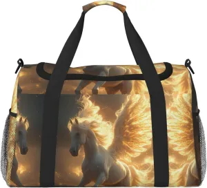 Duffle Bag for Travel, Golden Winged White Horse Weekender Overnight Duffel Bag, Carry On Bag Gym Bag for Women Men, Personal Item Travel Bag