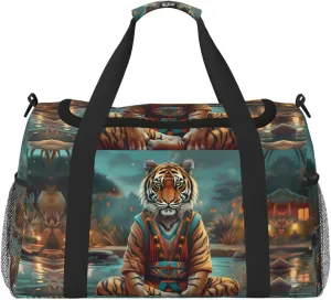 Duffle Bag for Travel, Pond Meditating Tiger Weekender Overnight Duffel Bag, Carry On Bag Gym Bag for Women Men, Personal Item Travel Bag