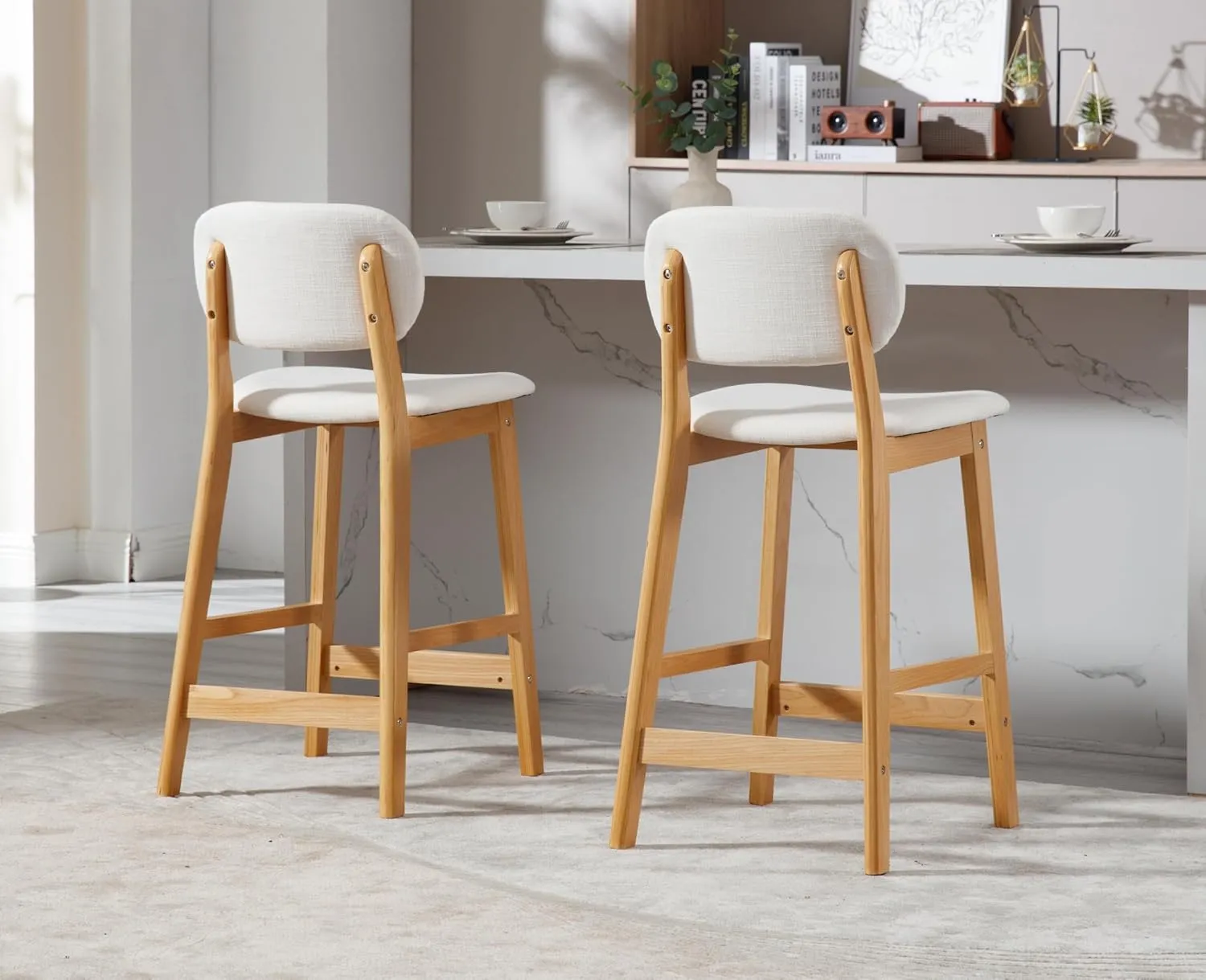 EALSON Counter Height Bar Stools Set of 2 Farmhouse Barstools with Back Mid Century Modern Wood Bar Chairs Comfortable Linen Upholstered Kitchen Island Chairs for Breakfast Bar, Beige