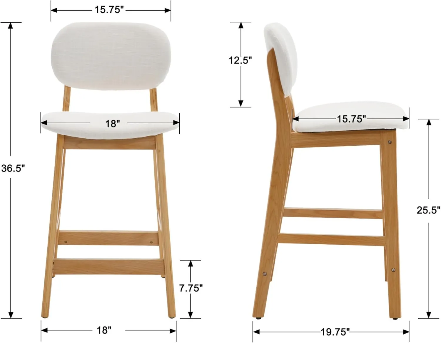 EALSON Counter Height Bar Stools Set of 2 Farmhouse Barstools with Back Mid Century Modern Wood Bar Chairs Comfortable Linen Upholstered Kitchen Island Chairs for Breakfast Bar, Beige