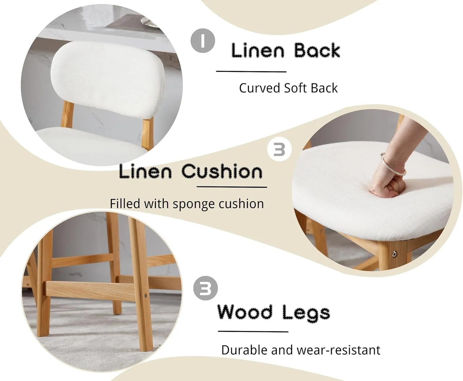 EALSON Counter Height Bar Stools Set of 2 Farmhouse Barstools with Back Mid Century Modern Wood Bar Chairs Comfortable Linen Upholstered Kitchen Island Chairs for Breakfast Bar, Beige