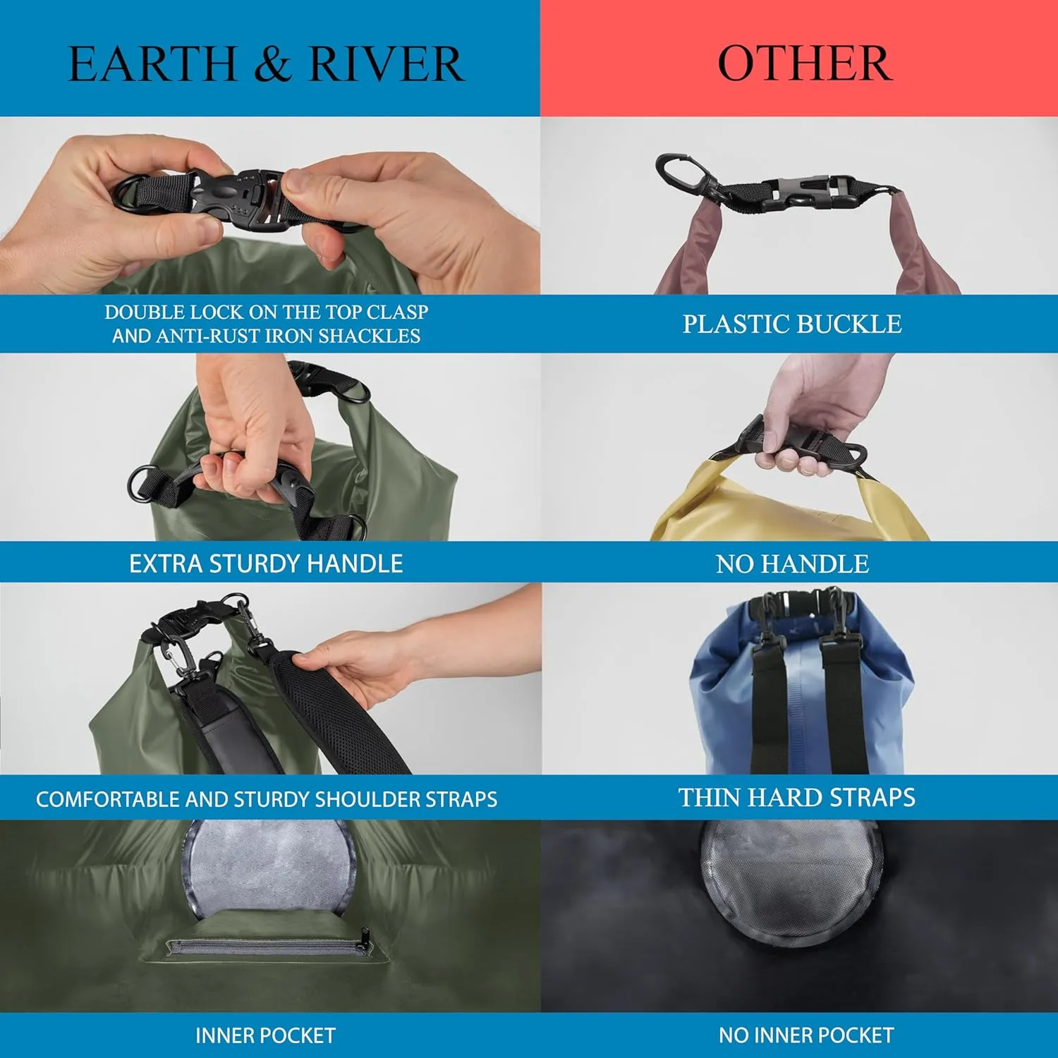 EARTH&RIVER Premium Dry Bag Backpack, Extra Thick, Protection for All Water Activities & Camping, Floating Lightweight Dry Bag with Inside Pocket Storage & IPX8 Waterproof Phone Case (Army Green, 30L)