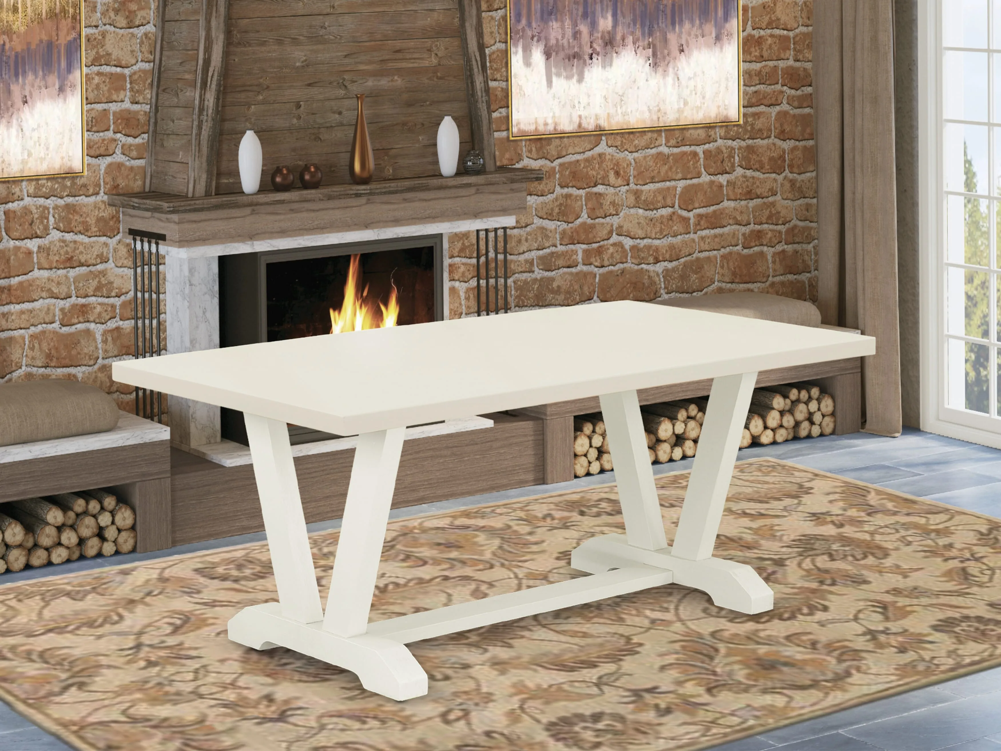 East West Furniture V027MZ001-9 9 Piece Modern Dining Table Set Includes a Rectangle Wooden Table with V-Legs and 8 Cream Linen Fabric Parsons Dining Chairs