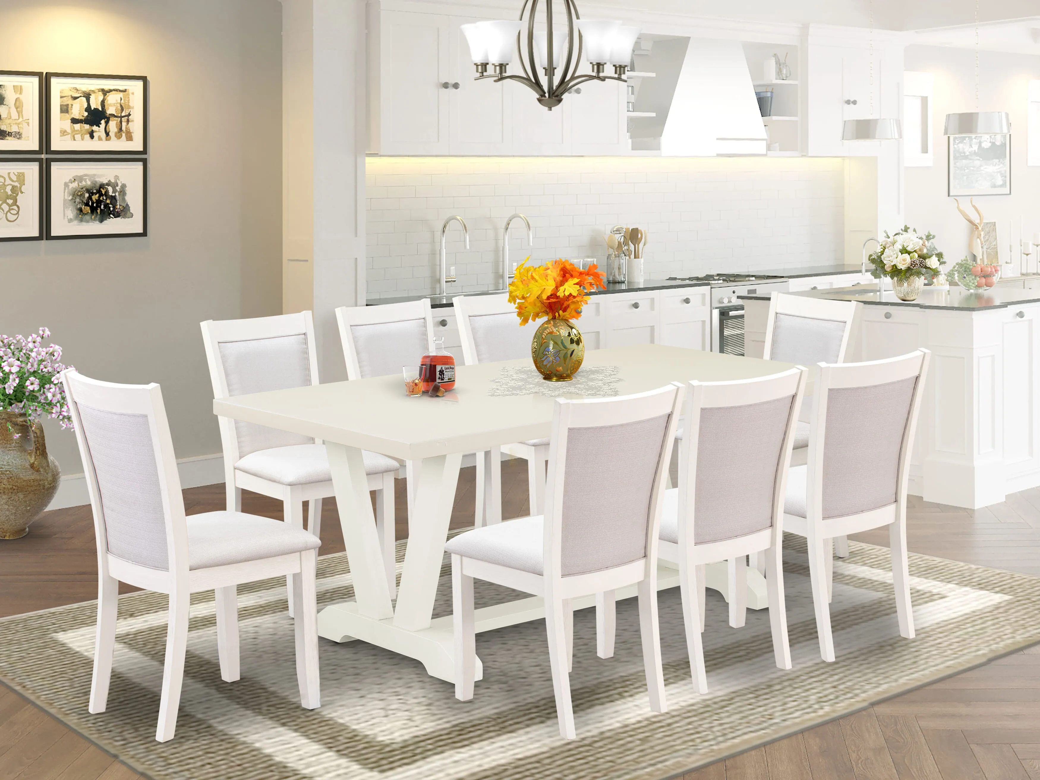 East West Furniture V027MZ001-9 9 Piece Modern Dining Table Set Includes a Rectangle Wooden Table with V-Legs and 8 Cream Linen Fabric Parsons Dining Chairs