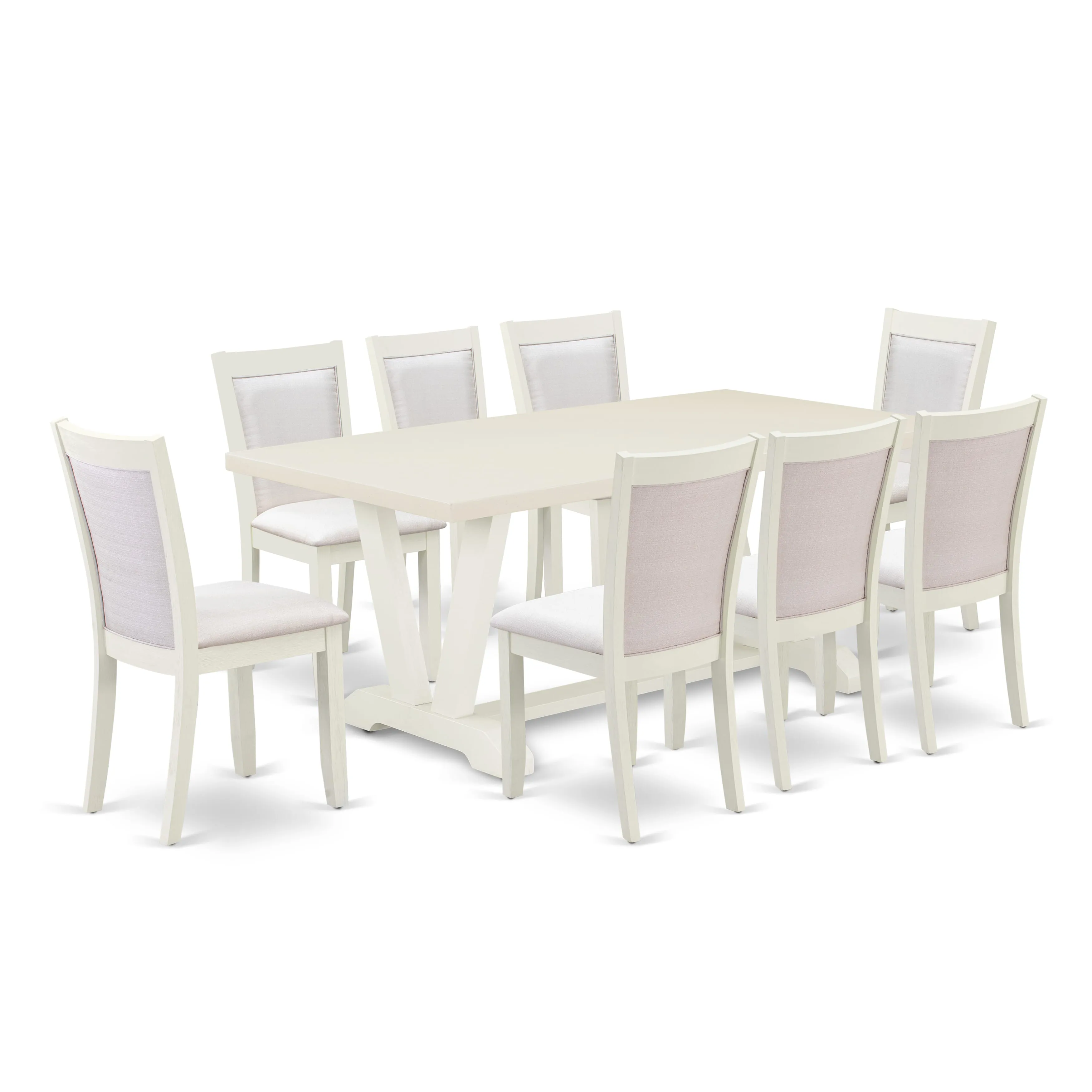 East West Furniture V027MZ001-9 9 Piece Modern Dining Table Set Includes a Rectangle Wooden Table with V-Legs and 8 Cream Linen Fabric Parsons Dining Chairs