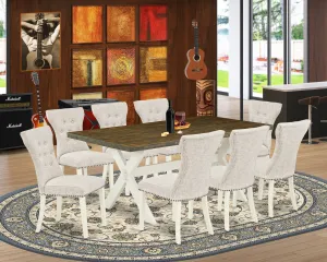 East West Furniture X077GA235-9 9 Piece Dining Room Furniture Set Includes a Rectangle Dining Table with X-Legs and 8 Doeskin Linen Fabric Upholstered Chairs, 40x72 Inch, Multi-Color