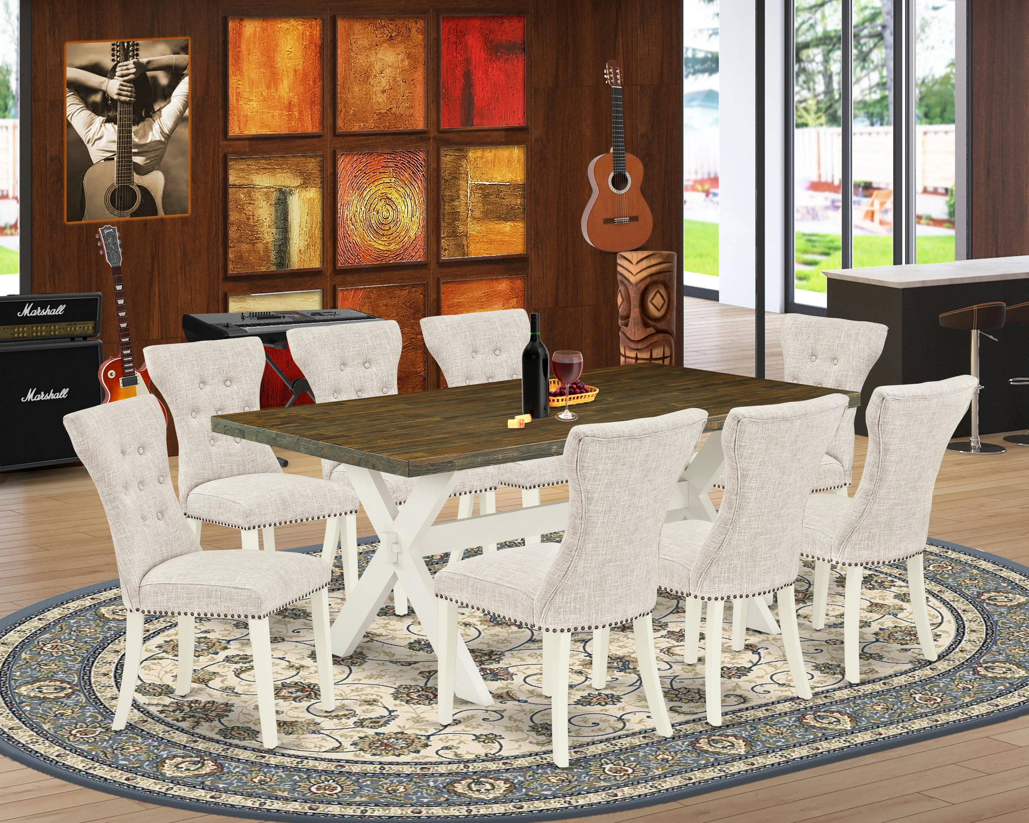 East West Furniture X077GA235-9 9 Piece Dining Room Furniture Set Includes a Rectangle Dining Table with X-Legs and 8 Doeskin Linen Fabric Upholstered Chairs, 40x72 Inch, Multi-Color