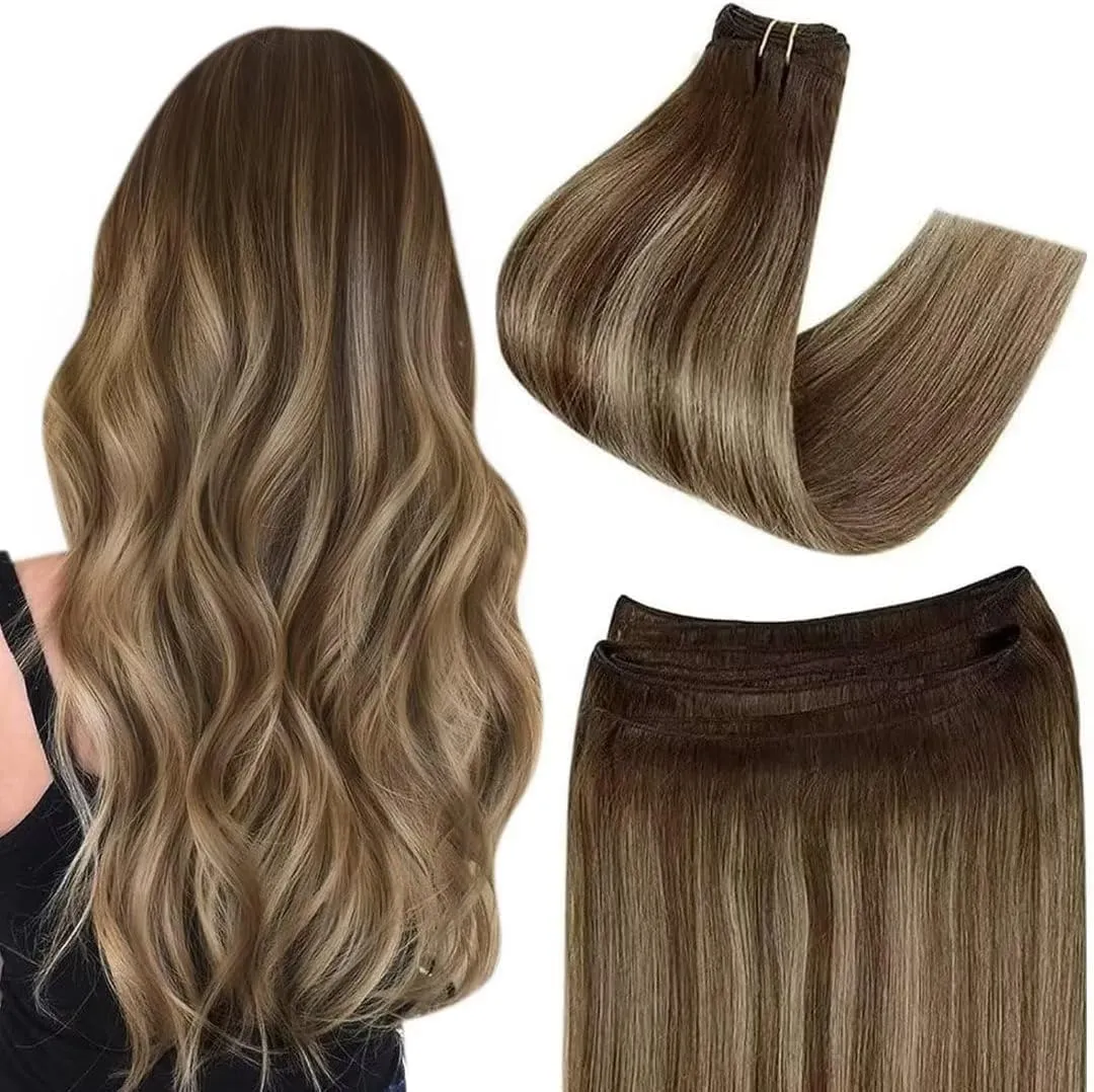 Easyouth Clip in Hair Extensions Real Human Hair 7 Pieces 120G and Sew in Hair Extensions 100G Bundle 22Inch Balayage Caramel Blonde Highlights Brown