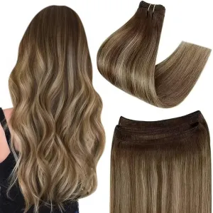 Easyouth Clip in Hair Extensions Real Human Hair 7 Pieces 120G and Sew in Hair Extensions 100G Bundle 22Inch Balayage Caramel Blonde Highlights Brown