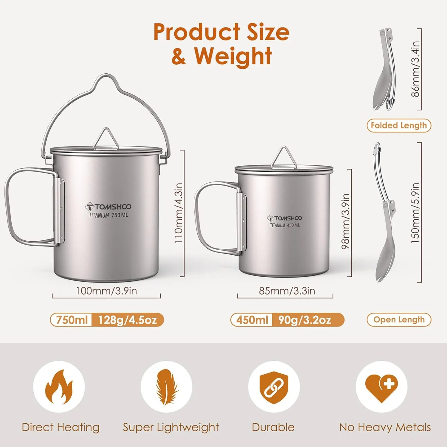 Ejoyous Camping Cups, Ultra Light 750ml Tita - nium Pot Portable Water Mug with Lid and Foldable Handle, Outdoor Camping Water Rice Food Bowl Cup Mug for Backpacking (750ML Pot &