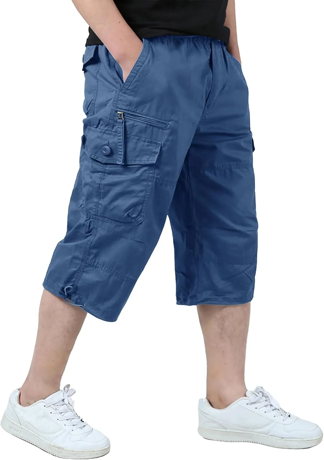 EKLENTSON Men's Cargo Shorts Casual Twill Elastic 3/4 Capri Pants Below Knee Long Shorts with 7 Pockets