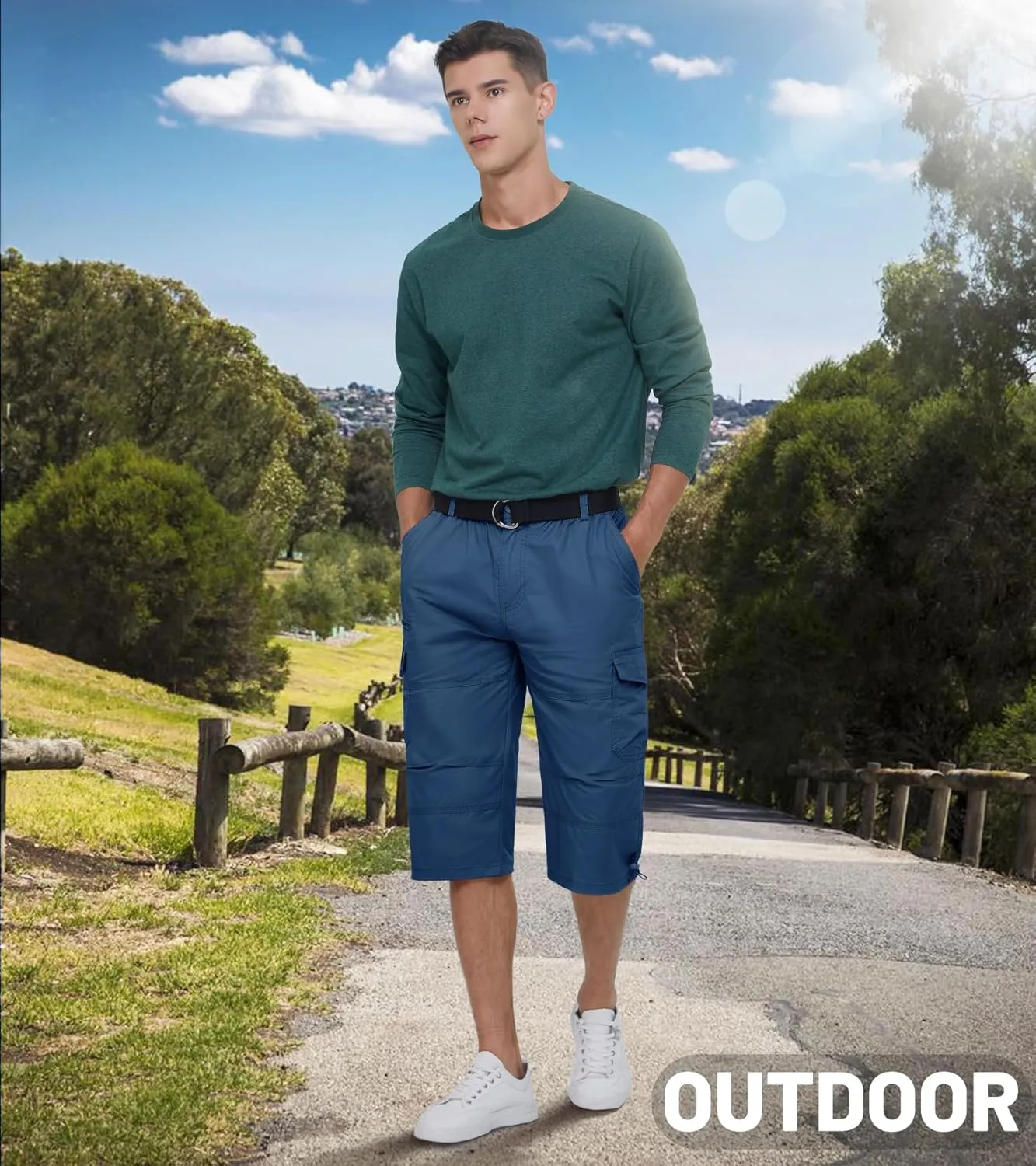 EKLENTSON Men's Cargo Shorts Casual Twill Elastic 3/4 Capri Pants Below Knee Long Shorts with 7 Pockets