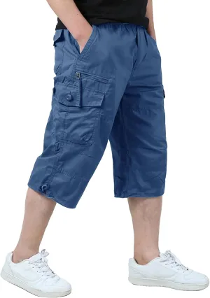 EKLENTSON Men's Cargo Shorts Casual Twill Elastic 3/4 Capri Pants Below Knee Long Shorts with 7 Pockets