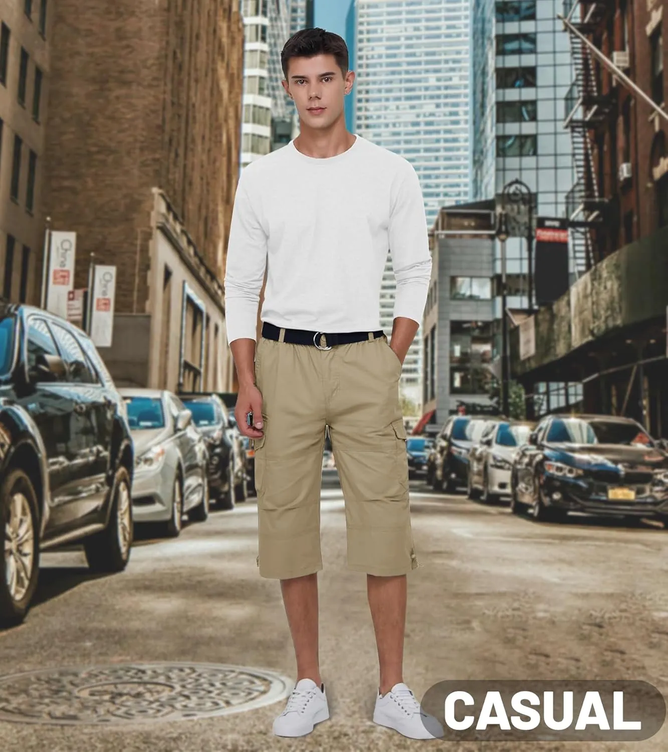 EKLENTSON Men's Cargo Shorts Casual Twill Elastic 3/4 Capri Pants Below Knee Long Shorts with 7 Pockets