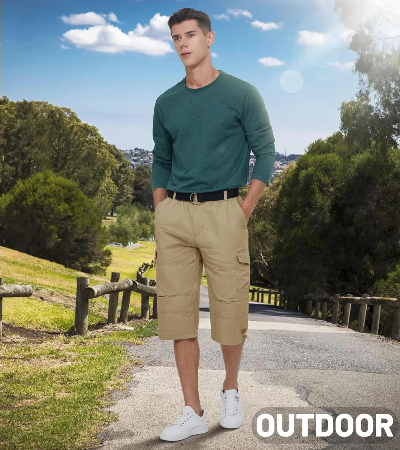 EKLENTSON Men's Cargo Shorts Casual Twill Elastic 3/4 Capri Pants Below Knee Long Shorts with 7 Pockets