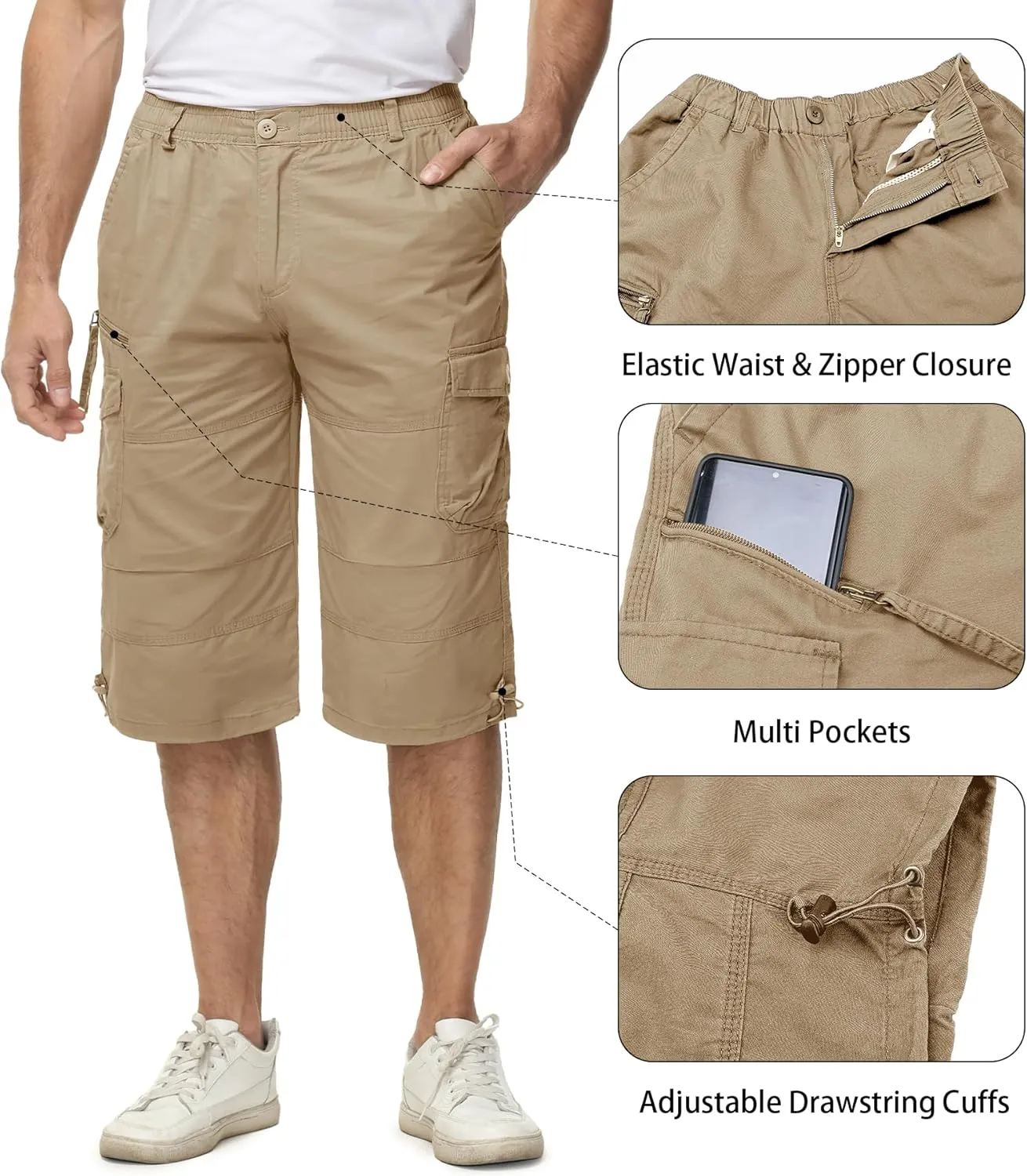 EKLENTSON Men's Cargo Shorts Casual Twill Elastic 3/4 Capri Pants Below Knee Long Shorts with 7 Pockets