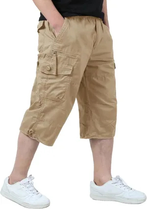 EKLENTSON Men's Cargo Shorts Casual Twill Elastic 3/4 Capri Pants Below Knee Long Shorts with 7 Pockets