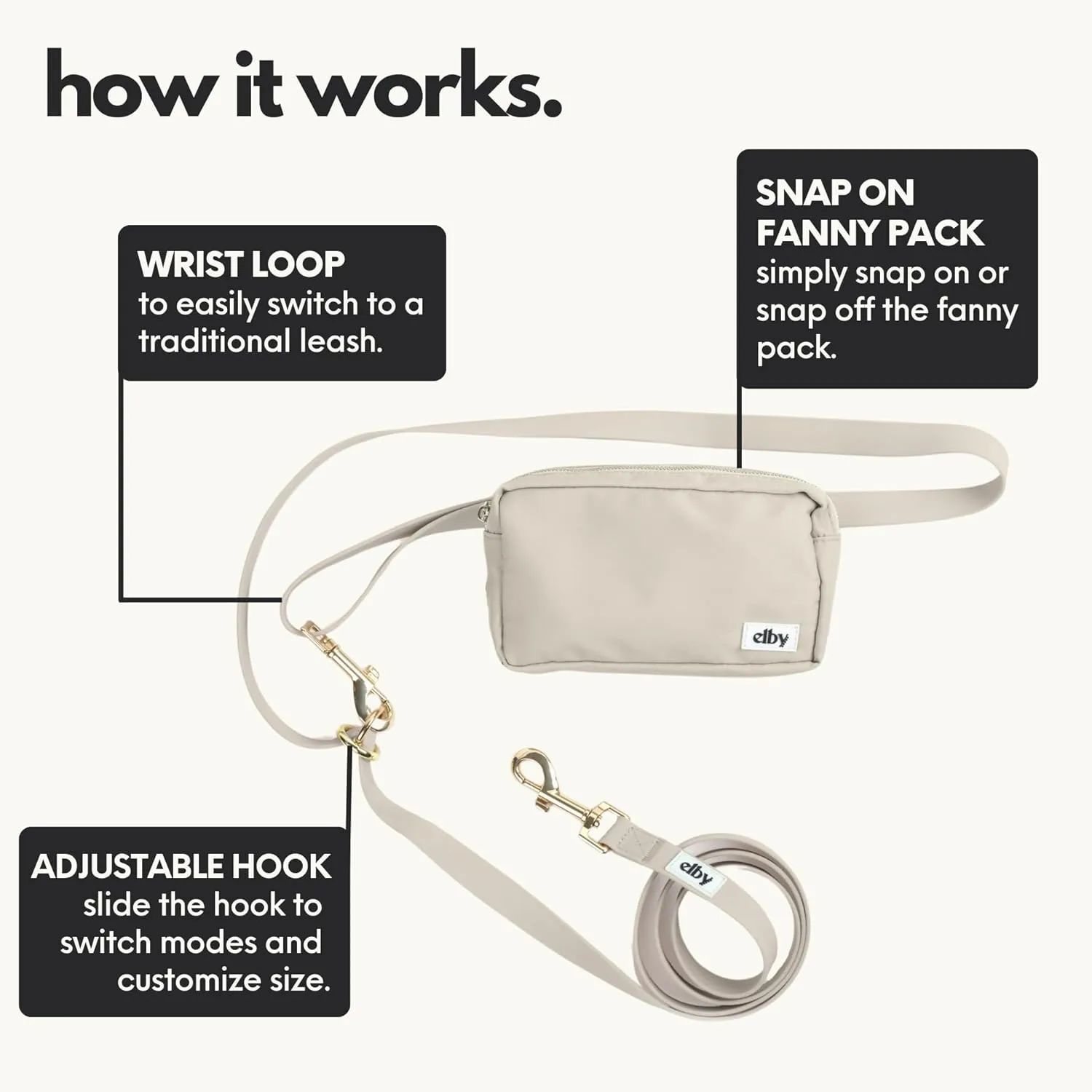 elby - Hands Free Dog Leash with Treat Pouch - Cross Body and Waist - Training Leash with Fanny Pack - Dog Walking Accessories and Walking Essentials - for Medium and Large Dogs (Beige, Regular)