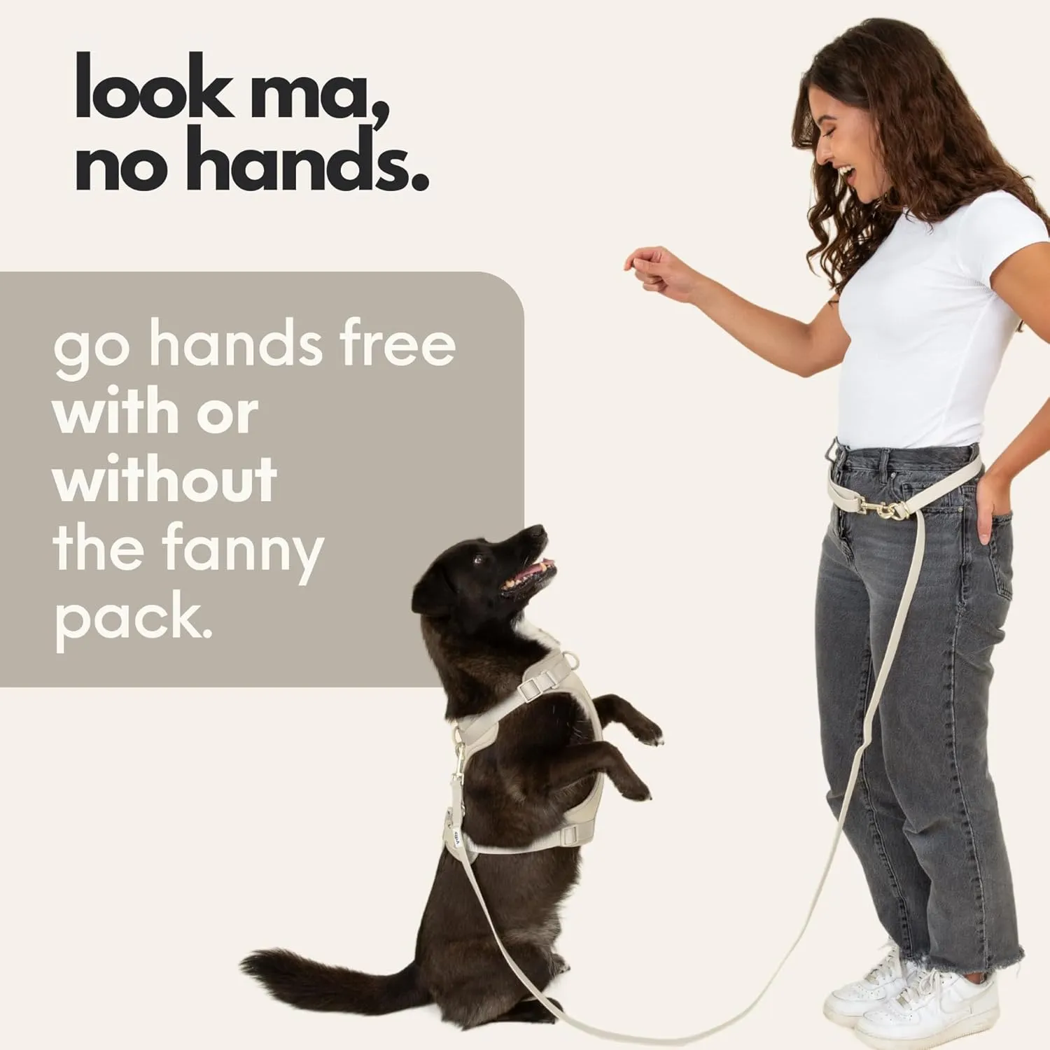elby - Hands Free Dog Leash with Treat Pouch - Cross Body and Waist - Training Leash with Fanny Pack - Dog Walking Accessories and Walking Essentials - for Medium and Large Dogs (Beige, Regular)