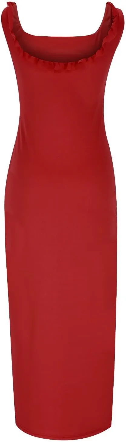 Elegant Dress for Women Multi-Layered Ruffle Split Midi Skirt Square Neck Sleeveless Dresses Vacation Party