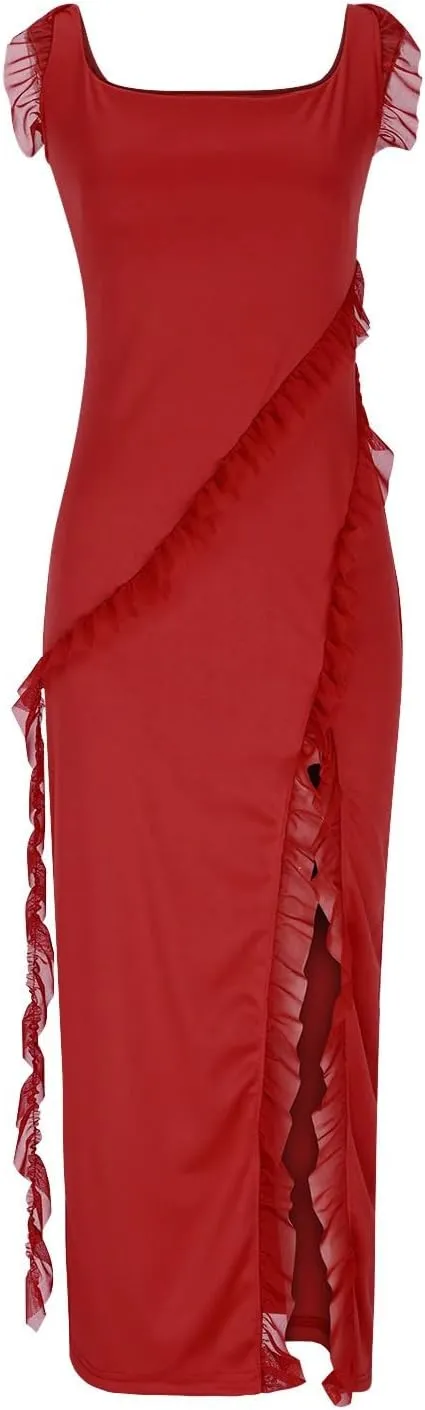 Elegant Dress for Women Multi-Layered Ruffle Split Midi Skirt Square Neck Sleeveless Dresses Vacation Party