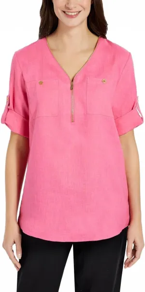 ELLEN TRACY Ladies' Size Small Roll Tab Linen Tunic Peony Pink