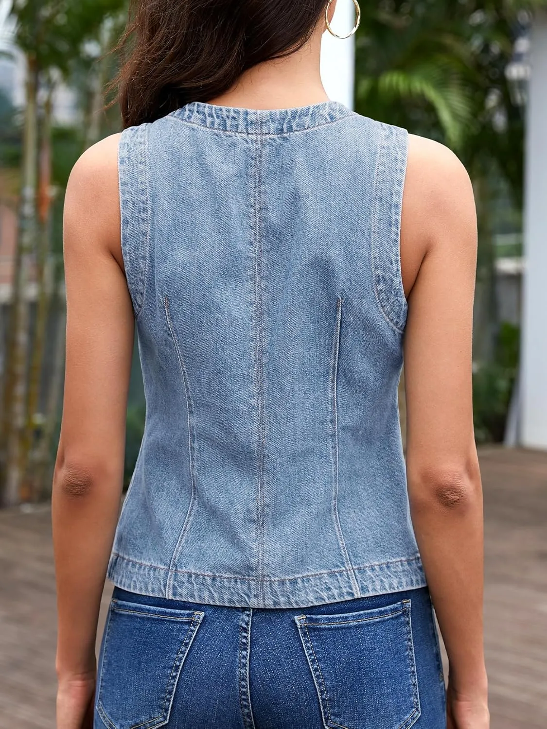 ELLEVEN Women’s Crew Neck Denim Vest Summer, Button Down Fitted Jean Vest Top for Women Casual Outerwear Waistcoat