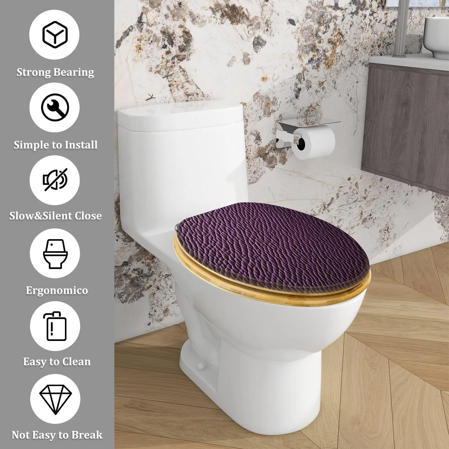 Elongated Toilet Seat Wood Toilet Seat with Cover Purple violet leather texture Purple violet leather bag Easy to Install Quietly Close Quick Release Hinges Decorative Bathroom Decor